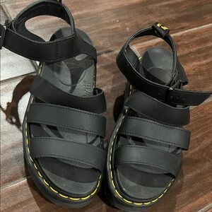Dr. Martens Black Platform Sandals with Yellow Stitching